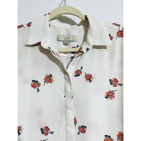 LOFT Womens Small White Button Up Top Roll Tab Long Sleeves Pink Floral Print - Picture 3 of 8